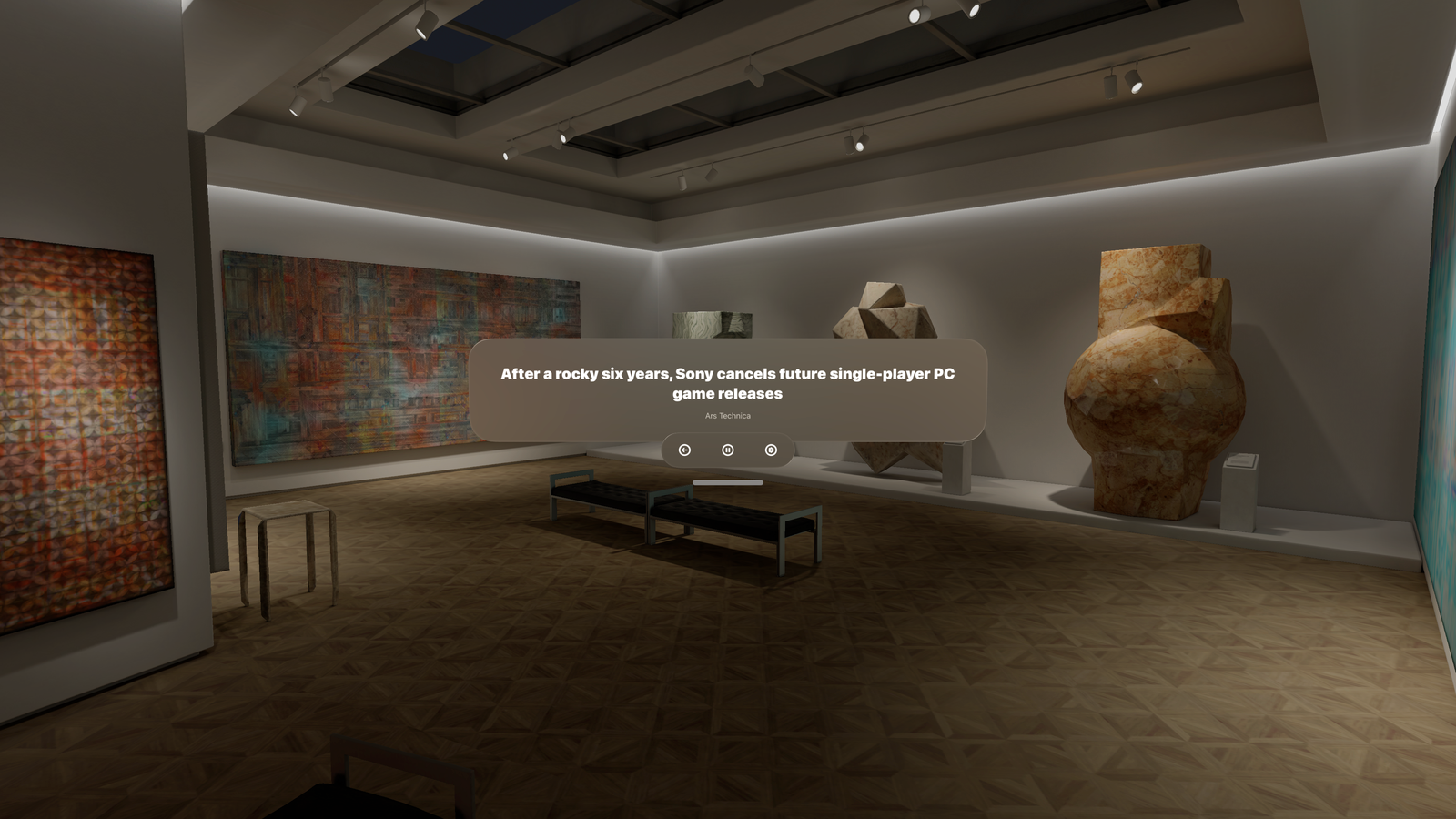 Glimpse RSS running on Apple Vision Pro — headline ticker floating in a gallery environment