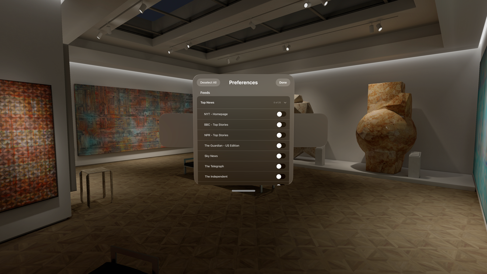 Glimpse RSS Preferences panel showing feed toggles for Top News sources